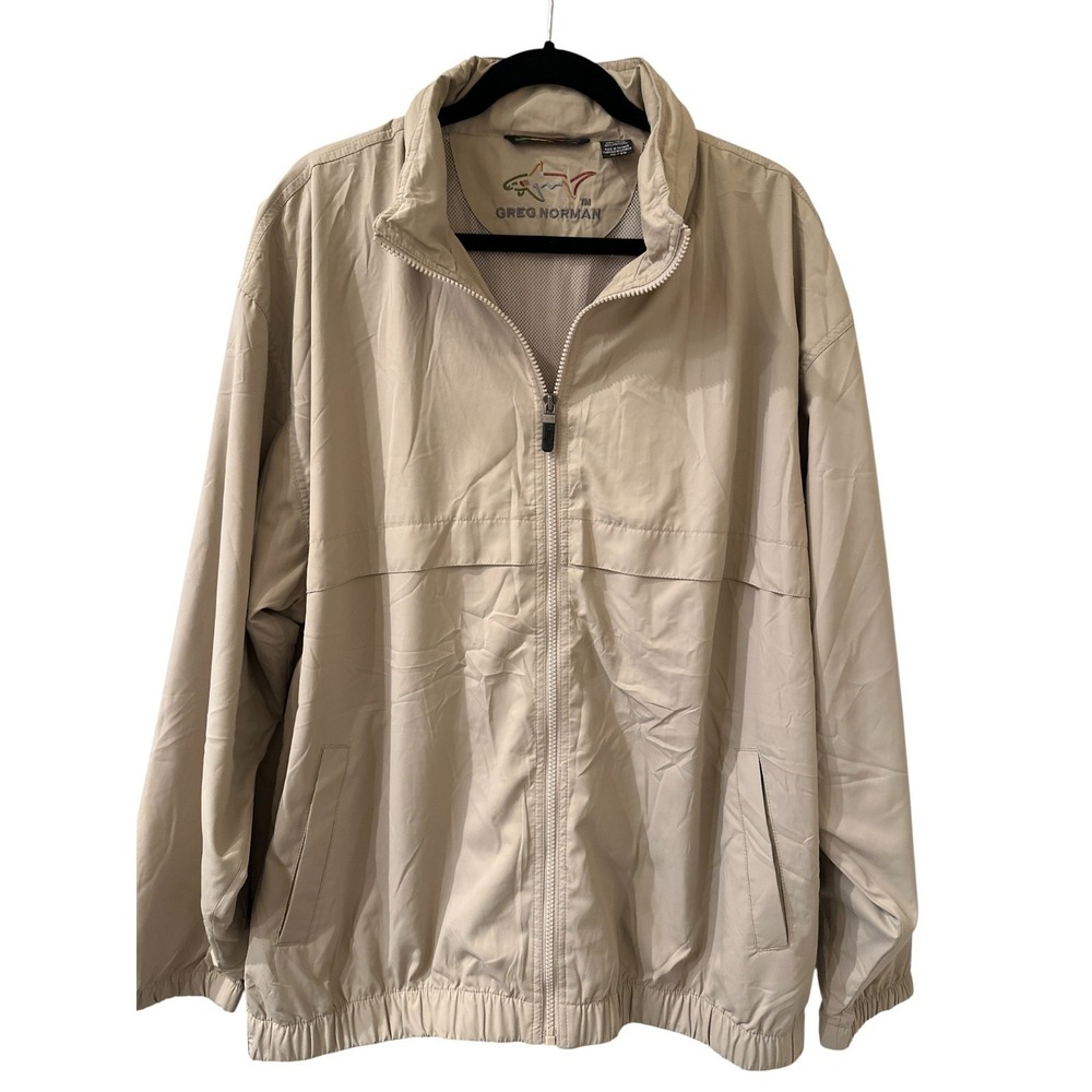 Golf Windbreaker Jacket Men's XL Tan Ventilated Hooded Mesh Lined Greg Norman - Picture 1 of 12